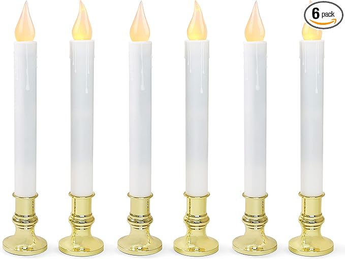 FURORA LIGHTING LED White Taper Candles with Gold Holders Pack of 6 with 5/19 Timer, Elegant Flameless Glow for Home Décor, Batteries Included