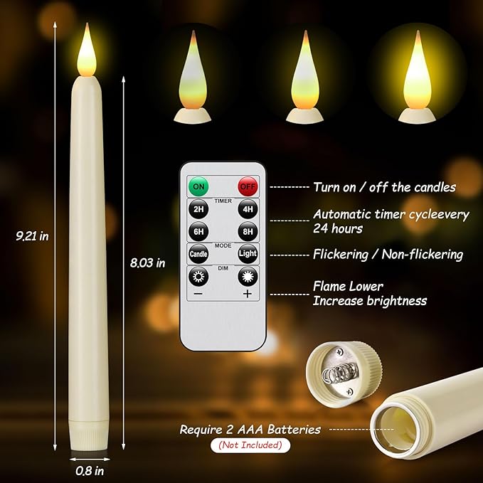 Flameless Taper Candles with Remote Control,6pack Dripless Plastic LED Candles,Flickering Candle Battery Operated,9.2'’Classic Tall Candle for Wedding,Party,Halloween,Christmas,Home Decor (Ivory)