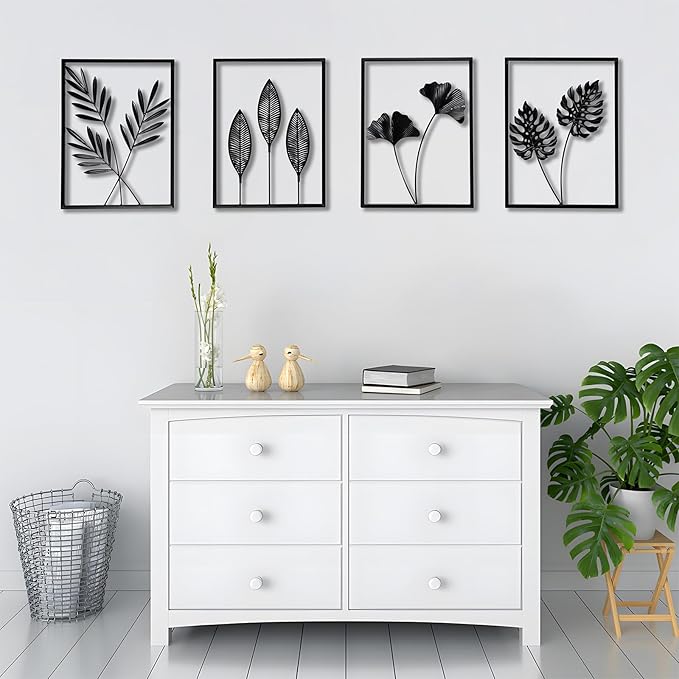 QXSXKJ Metal Wall Art, Black Frame Decor 4pack Modern Farmhouse Decor, 3d Metal Wall Ginkgo Art With Lamp for Living Room, Bedroom, Kitchen, Office (without light 17x12)