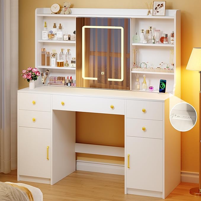 Vanity Desk with LED Lights & Sliding Mirror, Makeup Vanity with Lights, Power Outlet, White Vanity Desk with 5 Drawers & 2 Cabinets, 6 Storage Shelves for Bedroom