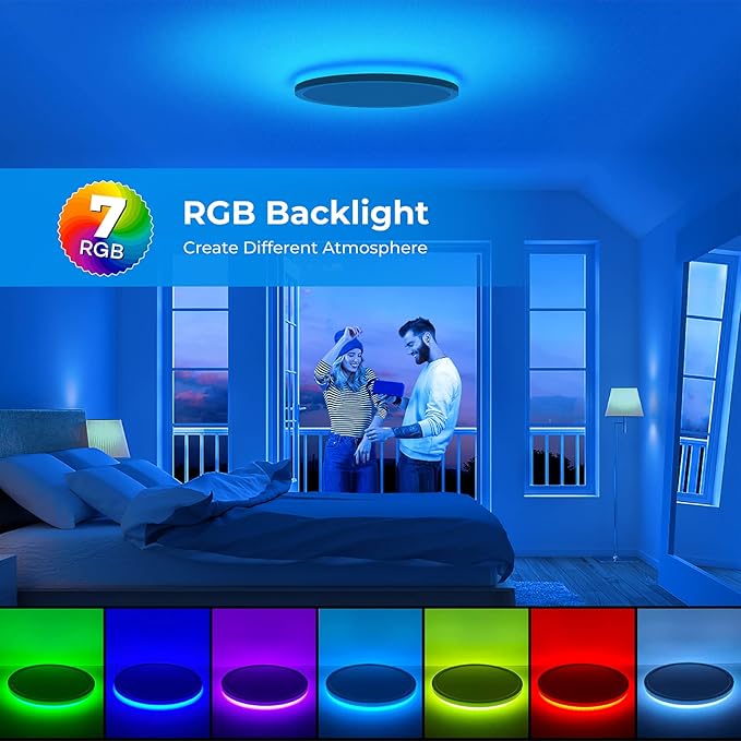 RGB Flush Mount LED Ceiling Light with Remote, 12 Inch Ceiling Light Fixture with Color Changing Backlight, 3000K-6500K Dimmable, 24W for Bedroom Kids Room Black