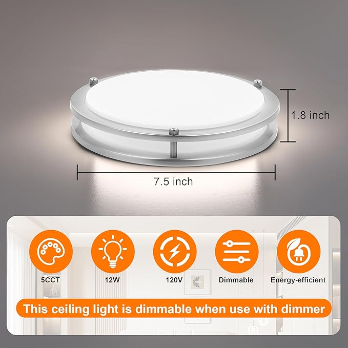 7.5 Inch Round Brushed Nickel Ceiling Light Fixture - Flush Mount LED Kitchen Ceiling Lamp 2700K/3000K/3500K/4000K/5000K Adjustable Brushed Nickel Bathroom LED Light for Bedroom 12W