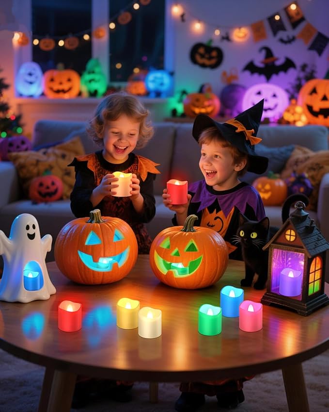 SoulBay Flameless Candles Color Changing Rechargeable, 12pcs LED Flickering Tea Lights Votives Candle with Charging Base & Remote Timer for Room Table Party Halloween Decorations, Multicolor, 1.57"