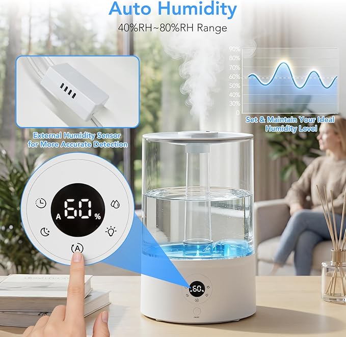 4L Top Fill Humidifier for Bedroom, Auto Constant Humidity, Smart Control, Quiet Ultrasonic Cool Mist, 360° Nozzle, 3 Mist Levels, 7-Color Light for Home Office Baby Room