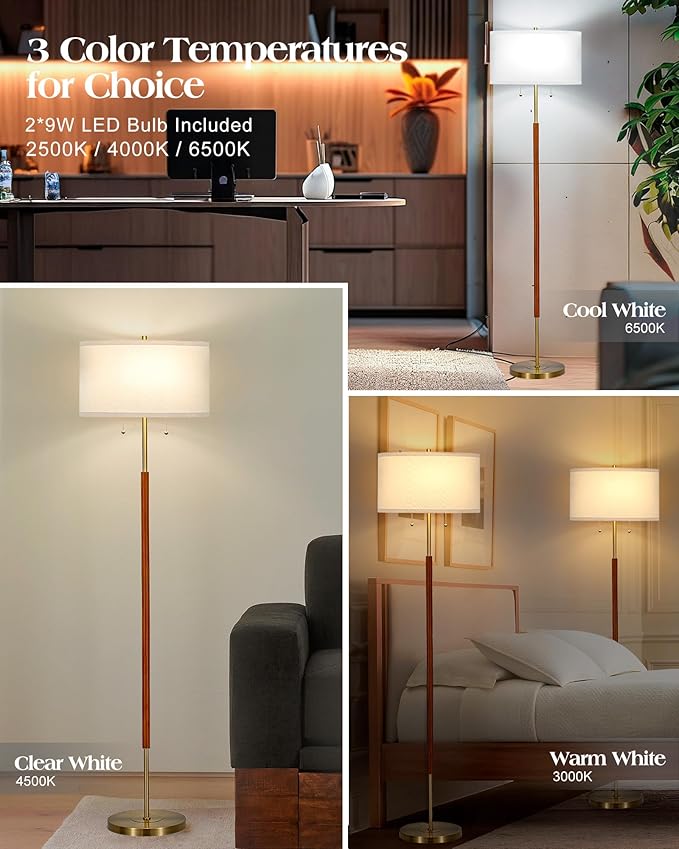 ELYONA 2-Light Wood Floor Lamp for Bedroom Mid Century Modern Standing Lamp 3 Color Temperatures 9W LED Bulbs Include White Fabric Shade Tall Pole Corner Light for Living Room Office, Brushed Brass