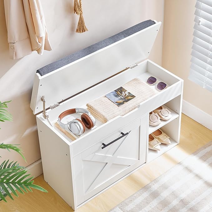 HOOBRO Shoe Storage Bench with Cushion, Modern Entryway Bench with Flip Drawer and Hidden Top Compartment, Shoe Cabinet with Seat and Adjustable Shelves for Hallway, 31.5" L, White and Gray, WG55HX01