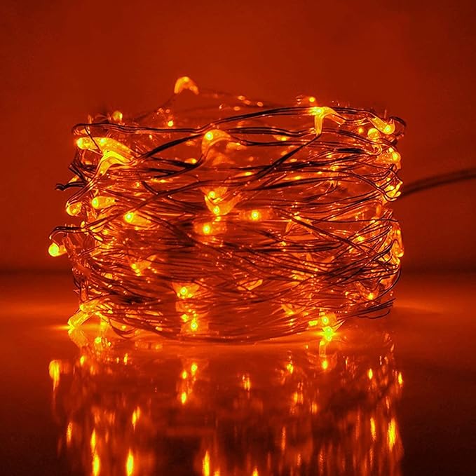 RUICHEN Silver Wire Fairy Lights Plug in 33 Ft 100 LED String with Spool, Orange