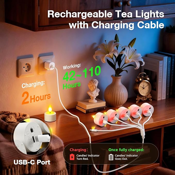 PChero 6 Pack Rechargeable Flameless Candles with Remote Timer, Battery Operated Tea Lights Candles, LED Flickering Tealights Candles for Home Wedding Halloween Fall Christmas Decor