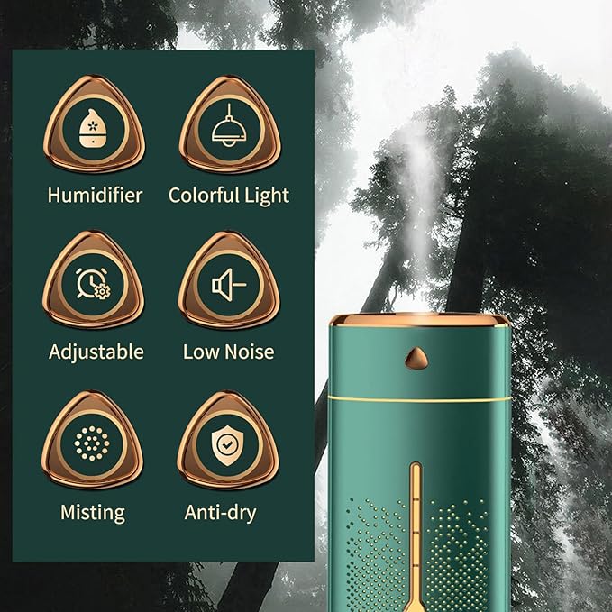 Travel Humidifier, 1000mL Mist Humidifier Diffuser Essential Oil Diffuser Aromatherapy Diffuser with 7 Color Changing LED Lights for Homes, Cars, and Offices (Green)
