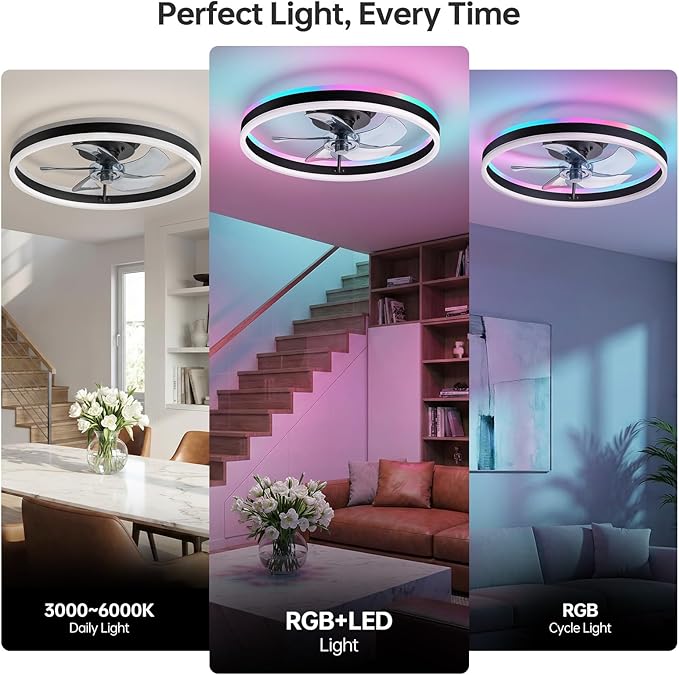 RGB Ceiling Fan with Light,20'' Modern Flush Mount Ceiling Fan, 6 Speeds, Dimmable LED, Remote Control, Quiet DC Motor,Smart Low Profile Ceiling Fan for Bedroom, Living Room,DM101-H-RGB Black