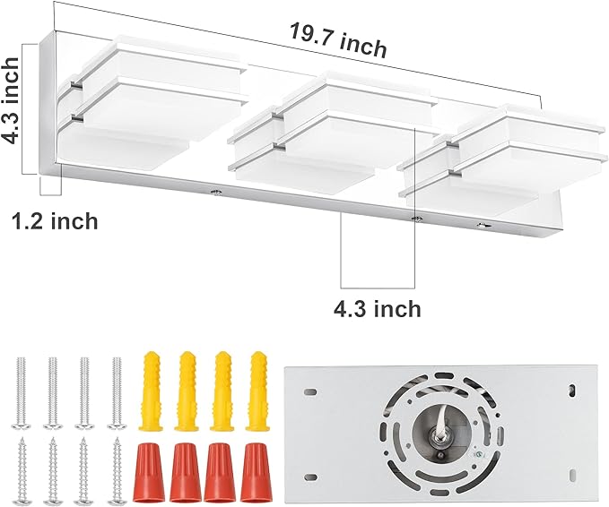 3 Color Temperature Dimmable Bathroom Light Fixtures over Mirror, LED Chrome 3 Light Vanity Lighting Fixtures, Acrylic Stainless Steel Square Shade Vanity Lights for Bathroom, ETL Certificated