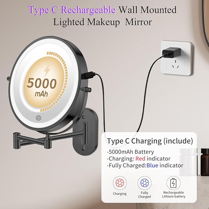FUNTOUCH 20X/3X Rechargeable Wall Mounted Makeup Vanity Mirror with Lights, Double Sided Magnifying Wall Mount Mirror,3 Color Lighting, Touch Screen Dimming,Extension Arm 360 Rotation Wall Mirrors