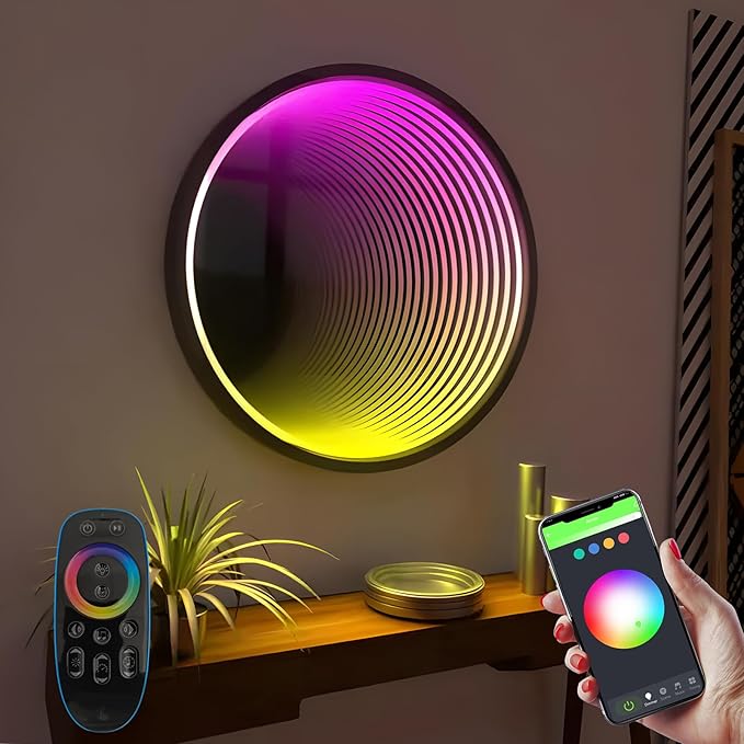 3D Infinity Mirror Light, 12" Circle LED Tunnel Wall Light with 358 LEDs, App & Remote RGB Color Changing Mirror for Gaming Room Decor, Party, Bar, Geometric Art Deco Wall Mounted