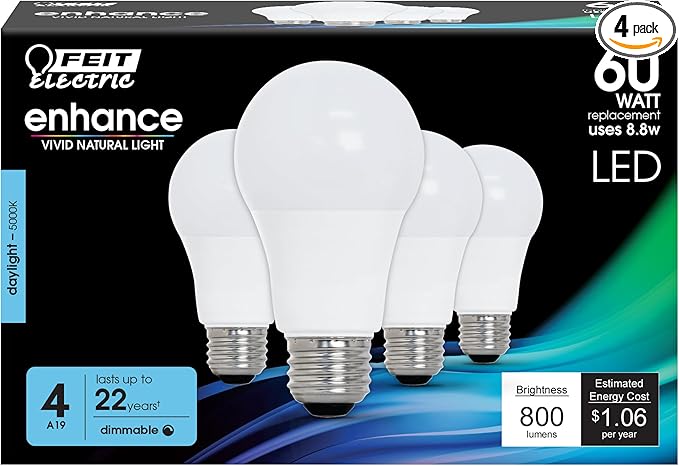 Feit Electric A19 LED Light Bulb, 60W Equivalent, Dimmable, 800 Lumens, E26 Medium Base, 5000K Daylight, CRI 90, 25,000 Hour Lifetime, UL Listed, Damp Rated, 4 Pack, OM60DM/950CA/4