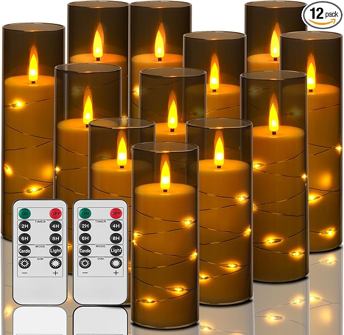 ACROSS Grey Flameless Candles with String Lights Battery Operated LED Pillar Candles 5‘’ 6‘’ 7‘’ 8‘’ Candle with Remote Control,Fake Candle Set of 12 for Special Festivals Decorations
