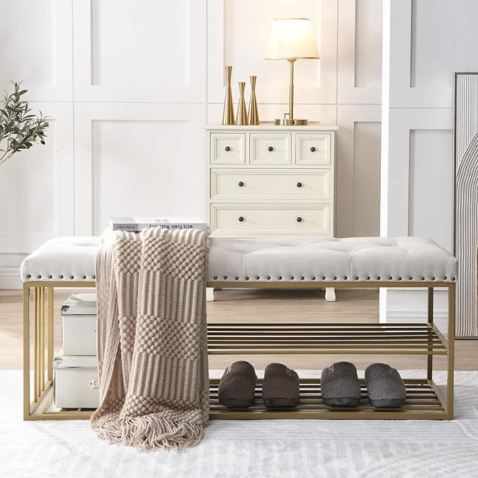 Linen Bench with Storage-Entryway Shoe Storage with Tufted Padded Seat,Gold Mental Frame Ottoman Bench for Bedroom Entry Window Mudroom Living Room,Beige
