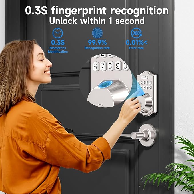 keyless Entry Door Lock deadbolt with Handle Set- Front Door Fingerprint Smart Locks with 2 Lever Handles-Keypad Code Deadbolt -App Control,Auto Lock,Easy to Install (Silver)