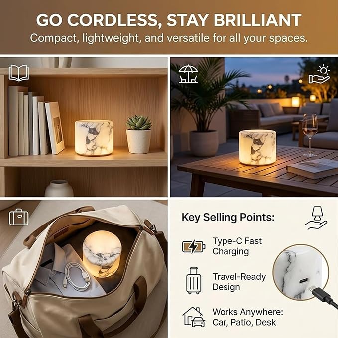 DDRIC Marble Lamp Night Light Touch, Onyx Marble Touch Light with Tap Control, Dimmable Rechargeable Marble Table Lamp for Bedside Table Desk Bedroom Night Light Decor (1PC)
