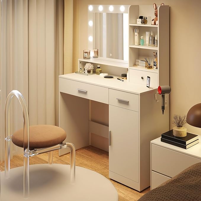 DUMOS Vanity Desk Makeup with Mirror LED Lights, White Table with Power Outlet 2 Drawer, 4 Storage Shelves Cabinet & 3 Lighting Mode Adjustable Brightness, Dressing Tables for Bedroom