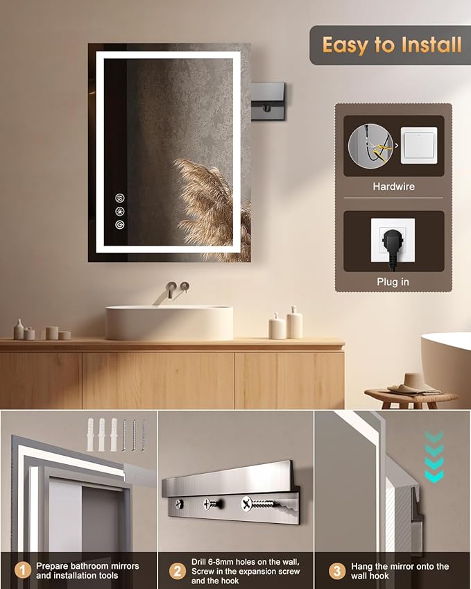 oneup 24x32'' LED Bathroom Mirror,Lighted Bathroom Mirror with Lights,Dimmable 3 Colors Temperature,Anti-Fog,Modern Vanity Mirrors for Wall,Touch Screen,Memory, Shatterproof