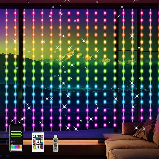 Smart Curtain Lights RGB Color Changing Christmas Curtain Lights, USB Powered with Remote/APP Control Curtain String Lights Waterproof for Backdrop,Bedroom,Window,Patio,Wedding,Decoration (8Ft x 6Ft)