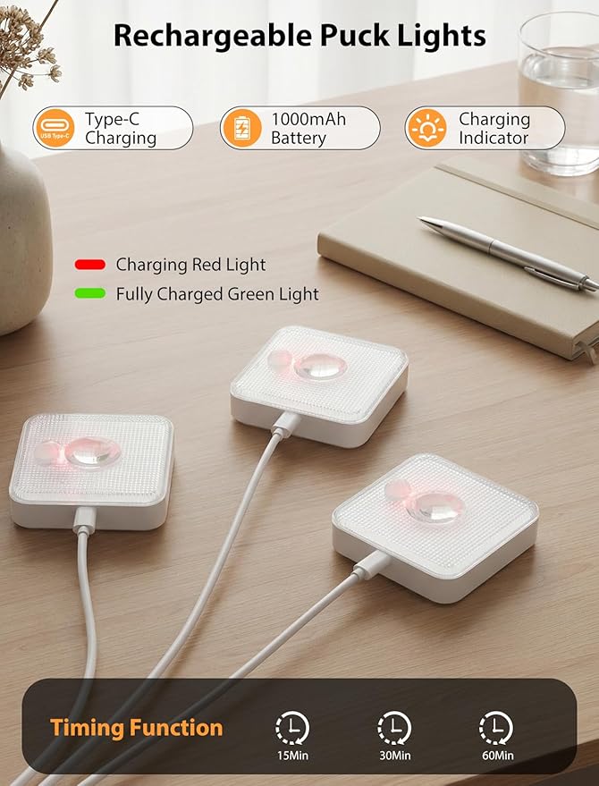 GBEAST 6 Pack Under Cabinet Lighting, Puck Lights with Remote,Motion Sensor Light Indoor,3 Color Temps & 9 RGB Colors Dimmable Closet Light,Rechargeable Under Counter Lights for Kitchen,Bedroom,Shelf