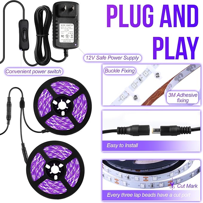 66ft/20M LED Black Light Strip Kit, 1200 Units Lamp Beads, 385nm-400nm, 12V Flexible Blacklight Fixtures, 20M LED Ribbon, Non-Waterproof for Indoor, Birthday, Dark Party, Halloween, Christmas