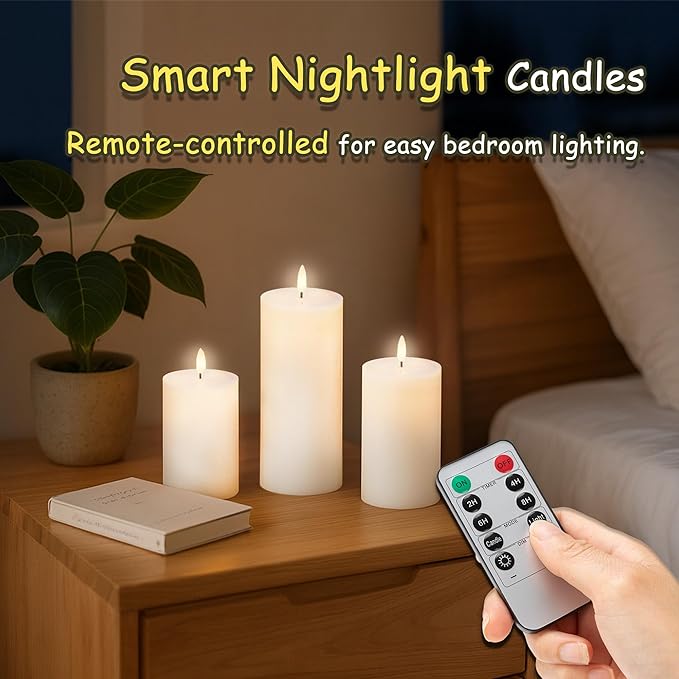 Flameless Pillar Candles with Remote, 3 Pack Battery Operated Real Wax LED Candles, LED Candle that Perfect for Home Decorations Fireplace Table, White