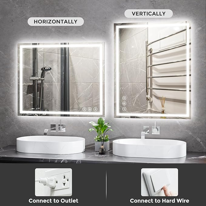 Koonmi 30x48 LED Bathroom Mirror, Backlit + Front Lit, LED Bathroom Mirror with Lights for Wall, 3 Colors, Anti-Fog, Dimmable Brightness, Memory Function, Tempered Glass