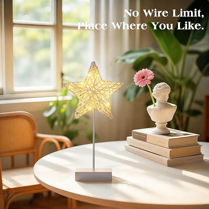 Lewondr Decorative Table Lamp, Christmas Star Night Lamp Winding Cotton Thread Warm LED Light Lamp for Bedroom, Battery Operated Lamp for Tables Cordless Xmas Home Romantic Bedside Table Lamp, White