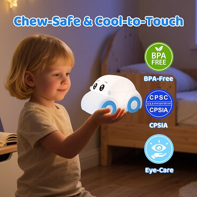 Cute Baby Toddler Car Kids Night Light for Kids, Dimmable+1800mAh Rechargeable+Timer+Portable+Silicone+Squishy, Touch Breastfeeding Bedside Night Lamp, Funny Girls Boy Gifts