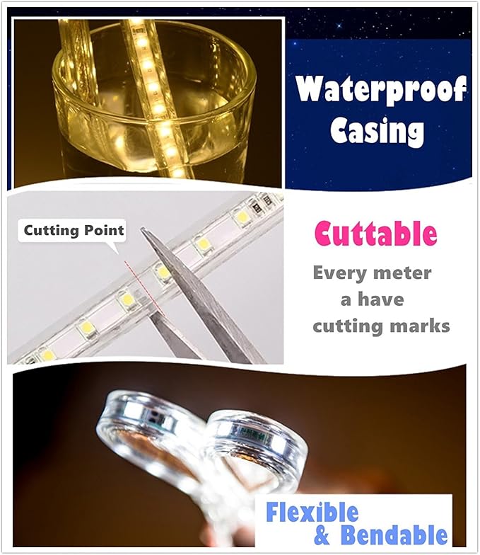 Warm White Color LED Strip Light, AC 110-120V Flexible/Waterproof/Multi-Modes Function/Dimmable SMD5050 LED Rope Light with Remote for Home/Office/Building Decoration (98.4ft/30m)