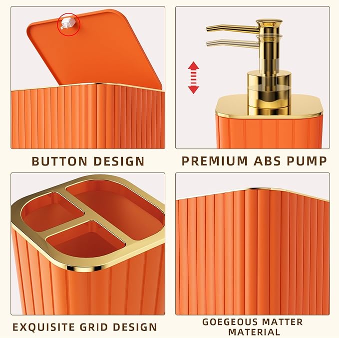 XLHOMO Bathroom Accessories Set - Gorgeous Bathroom Set, 10PC Orange Bathroom Accessory Set, Orange Bathroom Sets, Toilet Brush, Trash Can & Soap Dispenser
