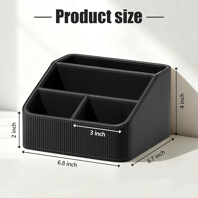 PU Leather Remote Control Holder with 4 Compartments, Small Desk Organizer Office Supply Bedside Caddy, All-in-One Small Bedside Remote Holder Nightstand Desktop Organizer