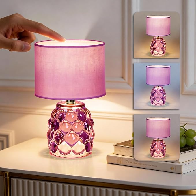 MJ PREMIER Rechargeable Table Lamp Dimmable Purple Cordless Lamps with 3 Color Wireless Portable Battery Operated LED Desk Lamp with USB-C for Bedroom, Nightstand, Office, Emergency Light