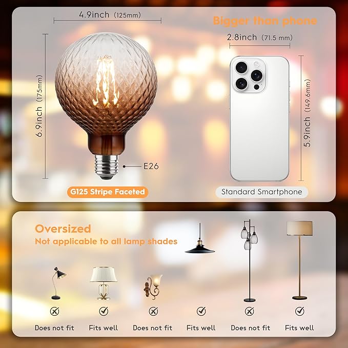 Vintage Edison LED Bulbs, Dimmable 4W Globe G125, 2200K Warm White Ambient Mood Lighting for Decoration, Squirrel Cage Filament, Gradient Brown Diamond Figure Glass LED Light Bulbs, E26 Base