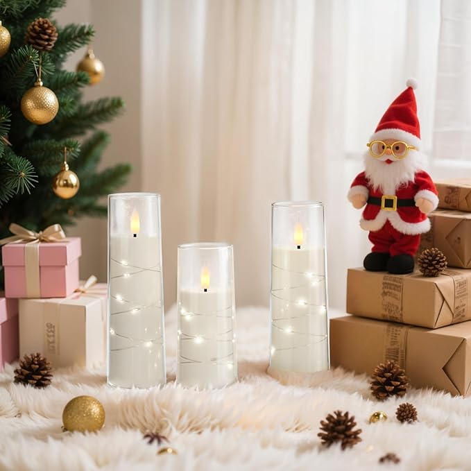 Raycare Flameless Candle with Remote Timer – 9 Flickering Acrylic Battery Operated LED Pillar Candles with Embedded Star String for Valentine's Day, Home Decor, and as a Gift (White)