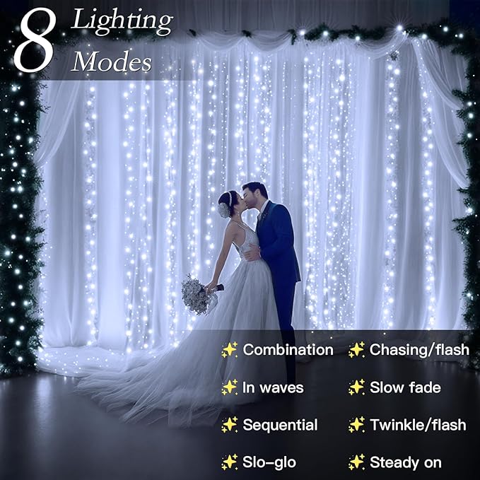 Curtain Lights with Hooks, 200 LED 9.8 x 6.6FT Window String Lights, Plug in Fairy Lights with Remote & Timer, 8 Modes Waterproof Hanging Backdrop Lights for Bedroom, Wedding, Christmas Decor