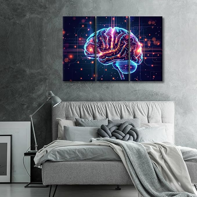 LSIUHWUWI Wall Decor for Bedroom AI Brain Cloud Networking Posters and Prints GPU, Crypto, AI Pictures Print on Canvas 3 Pieces Wall Artwork Stretched And Framed Ready to Hang 20x40inchx3