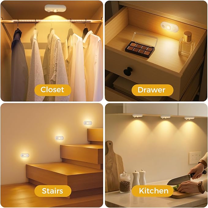 LED Motion Sensor Puck Lights, Small Rechargeable Under Cabinet Light, Dimmable Warm White Closet Lights, Lithium-ion Battery Wireless Under Cabinet Lighting for Drawer, Kitchen(6 Pack, White)