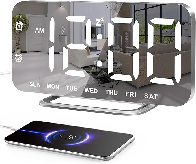 Slim LED Digital Alarm Clock, Mirror Surface for Makeup, with Diming, Large Display, Easy Setting, USB Ports, Modern Decor for Bedroom, Desk, Xmas, Birthday Gift for Women, Sister, Teen Girl, Silver