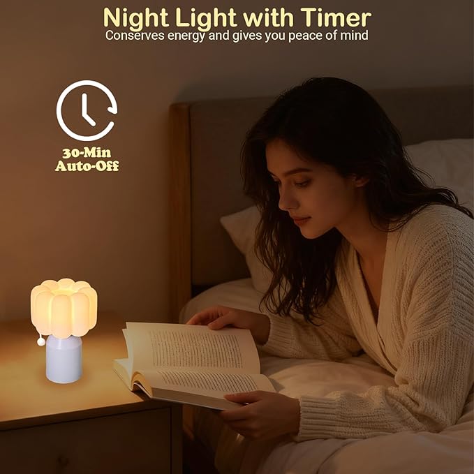 Mini Night Light for Bedroom, Flower Silicone Night Light with 30min Timer, Touch Control Dimmable Lamp with 3 Brightness Levels, LED Rechargeable Nightlight, Cute Bedside Lamp for Kids Gifts (Purple)