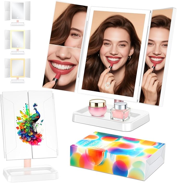 Lighted Makeup Mirror, Dimmable Vanity Mirror with Lights, Three Color Lighting Modes, and 1X 2X 3X Magnification