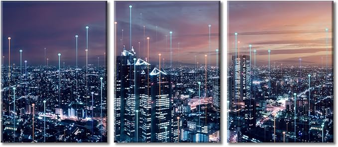 TUMOVO Modern City with Wireless Network Connection Wall Art Canvas Print 3 Pieces CPU Concept Artwork Wall Decor for Bedroom Technology Science Paintings Wall Art Framed Ready to Hang (36" Wx16 H)