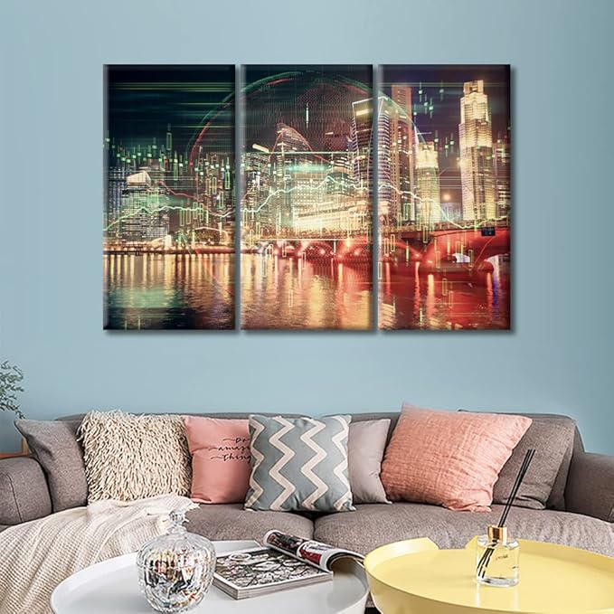 TUMOVO 3 Panel Business and Financial Concept Wall Decor Financial Chart on City Scape with Tall Buildings Background Canvas Wall Art Posters and Prints Ready to Hang (36" Wx24 H)