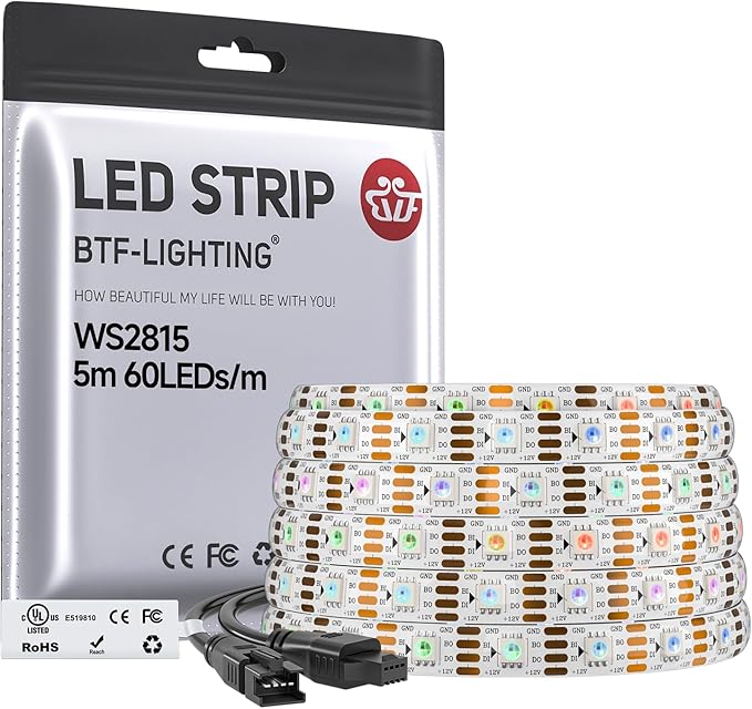 BTF-LIGHTING WS2815 (Upgraded WS2812B) LED Strip Light,UL Listed,16.4FT 300 LED/Pixels,Flexible Chasing RGB,Dual Signal Individually Addressable,5050SMD,3M Tape,DC12V IP65(No Adapter or Controller)