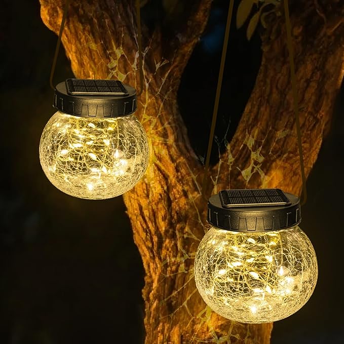 Kolpop Solar Lantern, 2 Pack Solar Lights Outdoor Waterproof with 30 LED, Hanging Globes Lights Cracked Glass for Garden Decor Patio Backyard Outdoor,Warm White