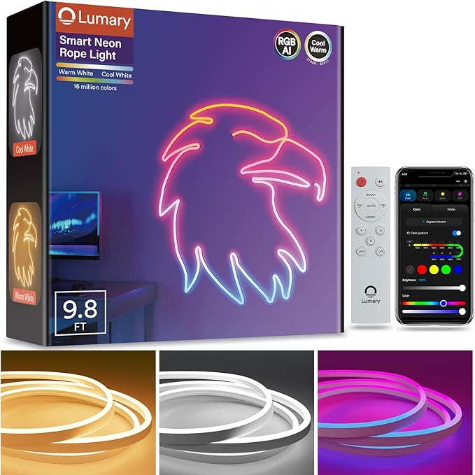 Lumary Smart RGBAICW Neon Rope Light Indoor, 9.8ft LED Lights for Bedroom Works with Alexa/Google Assistant, 180LEDs/m RGB & Warm White & Cool White Strip, Wall Decor for Halloween, Softer Material