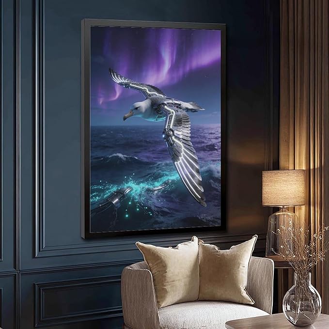 Framed Steampunk Mechanical Seagull Wall Art - Aurora Ocean Retro Poster for Bedroom Game Room Decor 16x24in