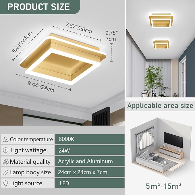 CANEOE 2 Packs Square Modern LED Light Fixture, 24W Black Flush Mount Hallway Light, Small Close to Ceiling Lamp for Living Room, Bedroom, Kitchen, Balcony, Cloakroom (All Gold, 2 Packs)